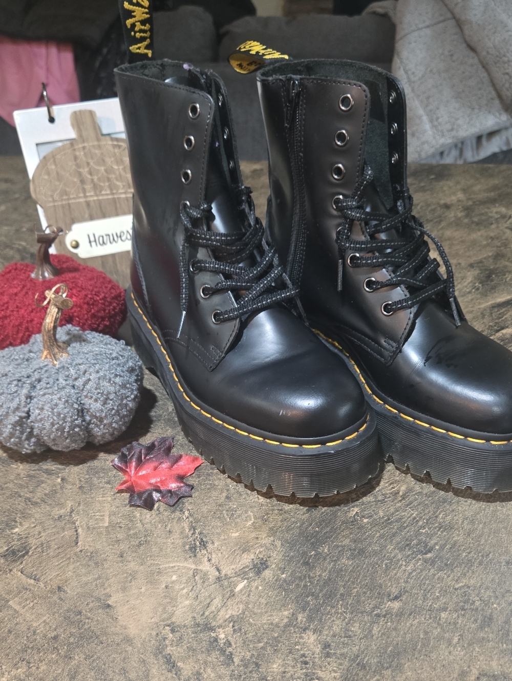 Dr. Martens Black Lace-Up Platform Boots with Yellow Welt